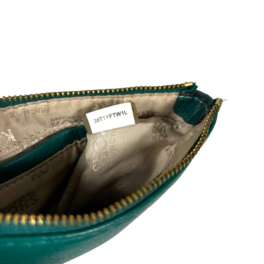 Michael Kors Fulton Leather Wristlet Deep Sea Green Pebbled Leather MK Logo - Picture 9 of 10